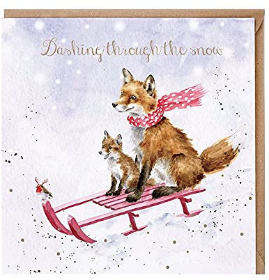 Greeting Card Weihnachtskarte mit Fuchs-Schlittenfahrt – Xmas Dashing Through The Snow cremefarben