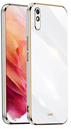 WEIOU Silikon Hülle für Xiaomi Redmi 9AT | Redmi 9A Case, Handyhülle Golden Galvanisierrahmen Dünne Weiche TPU Soft Stoßfest Schutzhülle Cover Bumper - Weiß
