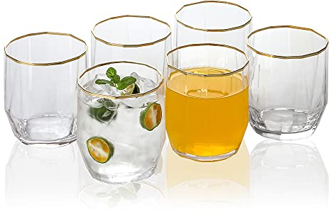 EVEREST GLOBAL Gold Rim Geometry Water Glasses set of 6 14oz, Iced Coffee Glasses, Iced Tea Glasses, Tumblers for Cocktail Whiskey Soda Beer Water and More(Clear)