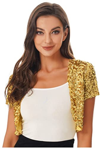 iiniim Damen Bolero Jacke Pailletten Schulterjacke Glitzer Shrug Cardigan Tops Elegant Kurzes Jäckchen Oberteile GOGO Clubwear Aa Gold Einheitsgröße