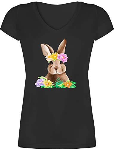 T-Shirt Damen V Ausschnitt - Hase mit Blumenkranz I Osterhase I Oster Hase - M - Schwarz - t-Shirts￼hase osterhasen Bunny Tshirt Ostern t Shirt Hasen Blumen t-Shirts Oster-Tshirt hasenmotiv