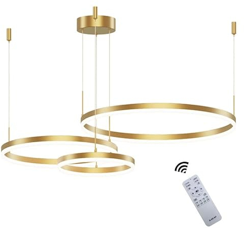 Wandun Moderne LED Pendelleuchte, 3-Ringe Kollektion, Gold Farbe, Verstellbarer HäNgeleuchter, Moderne Deckenleuchte, mit Fernbedienung Dimmbar, 3000k - 6000k, mit Speicherfunktion, 68w