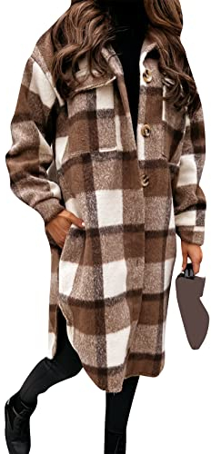 Yming Karierte Shacket Jacke Für Damen Langarm Strickjacke Winter Flanell Reversknopf Mantel Mit Tasche Kaffee L