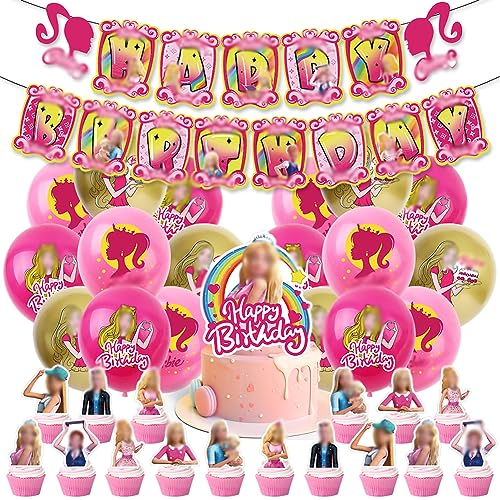 VMOTA Rosa Birthday Party Supplies, 36 Pcs Rosa Geburtstag Dekorationen Happy Birthday Banner, Balloons Rosa Flags Cake Topper for Boys Girls Children