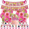 VMOTA Rosa Birthday Party Supplies, 36 Pcs Rosa Geburtstag Dekorationen Happy Birthday Banner, Balloons Rosa Flags Cake Topper for Boys Girls Children