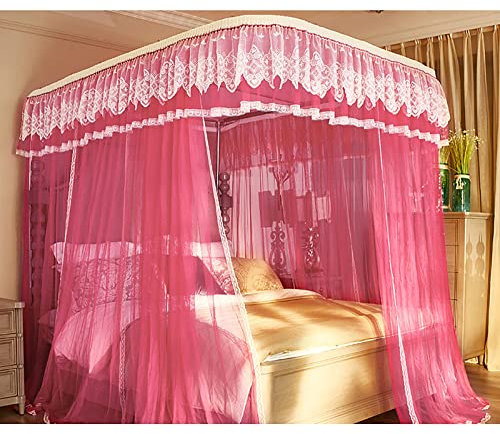 ZMYJTO Prinzessinnen-Bettvorhang, Himmelbett, Vorhang mit U-förmiger Schienenhalterung, Moskitonetz, passend für 1,5 m (5 Fuß) Bett (Größe: 200 x 150 x 215 cm, Farbe: rot)