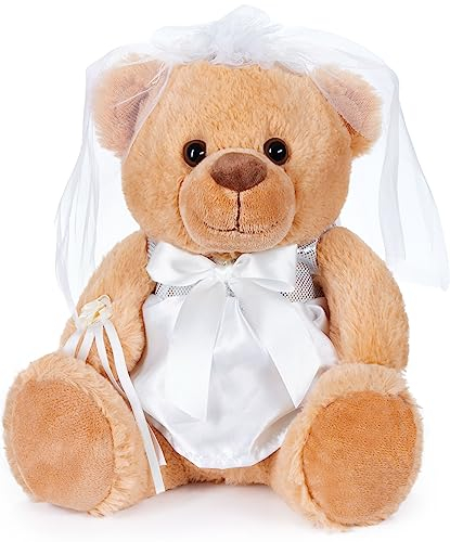 BRUBAKER Teddybär Braut im weißen Hochzeitskleid - 25 cm Teddy Geschenk für Hochzeit, Verlobung und Junggesellenabschied - Hochzeitsgeschenk Kuscheltier mit Kleid, Schleier und Brautstrauß