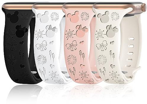Paquete de 4 correas grabadas de dibujos animados compatibles con Apple Watch de 1.575 pulgadas, 1.614 pulgadas, 1.496 pulgadas, 1.654 pulgadas, 1.732 pulgadas, 1.772 pulgadas, 1.92 pulgadas, correa