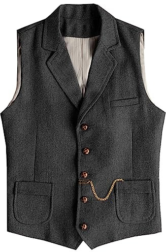 Tuikayoo Herren Western Herringbone Tweed Anzug Weste Wolle Slim Fit Weste (Schwarz,3XL)