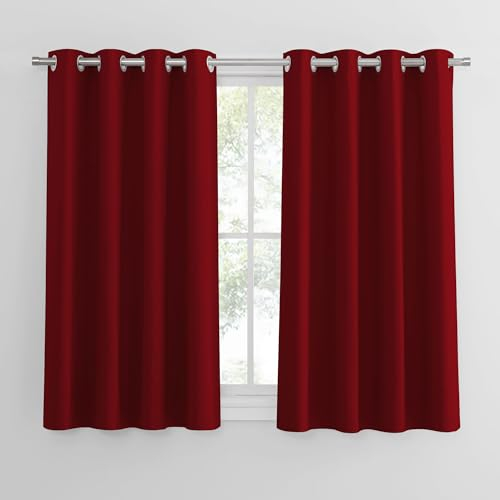 PONY DANCE Verdunklungsgardine Ösen Thermovorhang Hitzeschutz Fenster Vorhänge Wohnzimmer Kurz 2er Set H 145 x B 140 cm Thermal Blackout Curtains for Bedroom, Rot