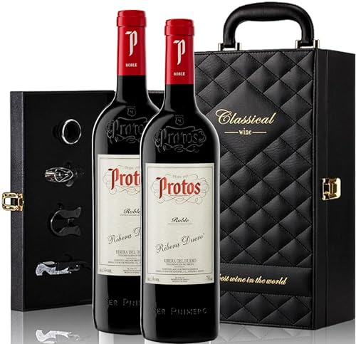 Estuche de Vino Elegante para REGALO con dos botellas de Vino y Set de 4 Accesorios (Ribera, Protos Roble)
