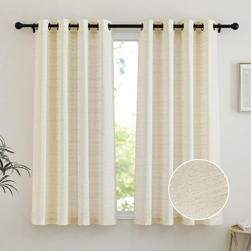 PONY DANCE Kurze Gardinen Halbtransparent Vorhang Leinen Natur Ösenschal 2er Set H 145 x B 140 cm Wohnzimmer Vorhänge Leinenoptik Boho Style Gardine mit Linien Linen Curtains for Bedroom
