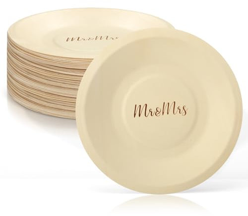 RimCereal 50 Pack Wood Wedding Plates Bulk Disposable Mr and Mrs Wooden Engagement Party Plates Disposable Round Dessert Plates for Wedding Engagement Party Decorations Appetizer Cake 5.51 x 5.51 Inch