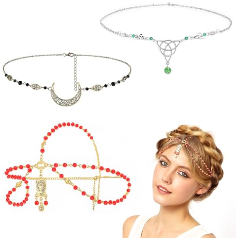 ANTHYTA 3 Stück Boho Kopfkette Gold Kopf Kette Silber Halbmond Kopfschmuck Damen Haarschmuck Kette Vintage Boho Kette Quaste Keltische Knoten Kopfkette Strass Retro Fee Kette für Frauen und Mädchen