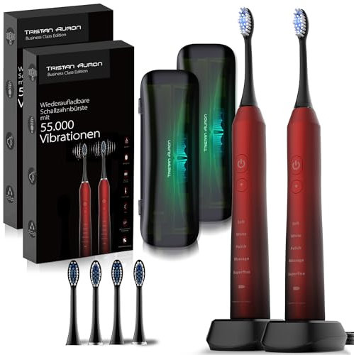 Tristan Auron Schallzahnbürste Doppelpack 55000 VPM + UV Case - 60 Tage Akku - 5 Putzmodi - IPX7 Wasserdicht - Ladegerät für elektrische Zahnbürste (rot)
