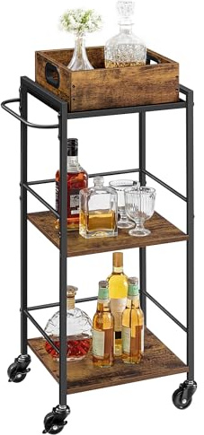 VASAGLE Kitchen Serving Cart with Removable Tray, 3-Tier Kitchen Utility Cart on Wheels with Storage, with Brakes, Leveling Feet, 11.8 x 13.7 x 33.9 Inches, Rustic Brown and Black ULRC062B01