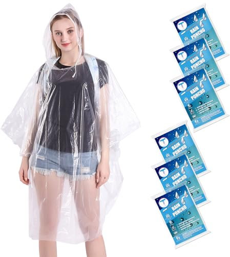 TUNCHMO Lot de 6 ponchos de pluie transparents pour adultes/enfants/famille - Protection imperméable - 50 % extra épaisse - Avec capuche - Légères et transparentes, 6 pièces pour adulte, taille unique