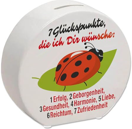 Marienkäfer Spardose mit Spruch Sieben Glückspunkte Wünsche Erfüllen Gesundheit Bewahren für Geborgenheit Harmonie Weg zum Erfolg Sparen