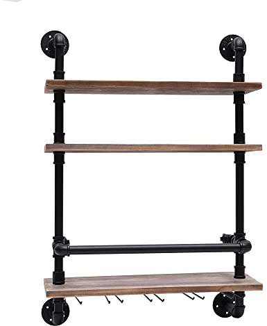 JAYEUW 3 Ebenen Wandmontiertes Weinregal Industrielles Rohrregal Weinregal Weinschrank Mit Gläserhaltern Holz Aufbewahrungsregal Für Zuhause Bar Restaurant Küche (Size: 61x20cm)
