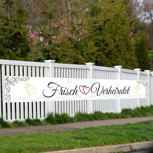 Glamify Frisch Verheiratet Hochzeit Banner,Banner Hochzeit Hochzeitsdekoration,Just Married Banner Hochzeit Schild Hochzeit Deko Garten, Stoff Banner für Hochzeit Garten Haus Wand Deko,270 * 35cm