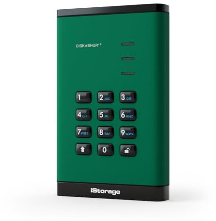 iStorage DiskAshur3 HDD 1TB Green - Hard disk portatile sicuro - Protezione con password - Resistente a polvere e acqua - Crittografia hardware
