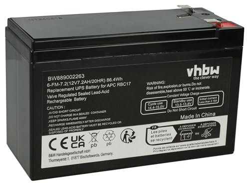 vhbw 1x Battery Compatible with APC BE700-SP, BE700-RS, BE700-UK, BE750G, BE725BB, BE750G-CN, BK650EI, BK650-AS, BE700-KR UPS (7.2Ah, 12V, AGM)