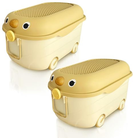 Froppi 70L Toy Box | Toy Storage with Lid | Kids Storage on Wheels | 2 Pack XL Size | Yellow | L64 W42 H36 cm