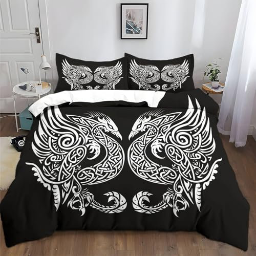 Keltische Rune des Phönix Bettwäsche 155x220 cm Schwarz Bettwäsche-Sets Polyester Baumwolle Bettbezug 3 Teilig, Atmungsaktiv Bettwäsche Set mit Reißverschluss and 2 Kissenbezüge