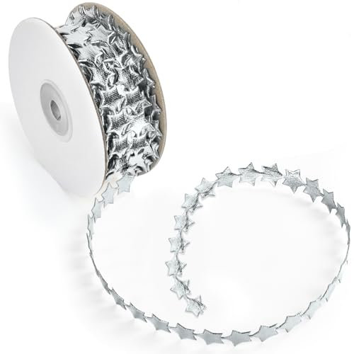 YEAMLTE Geschenkband Weihnachten, 15M Schleifenband Weihnachten, Sternengirlande, Christbaumgirlanden, Breite Sternenband, Dekoband Weihnachten, Bänder Weihnachten für Grußkarten, Geschenk (Silber)