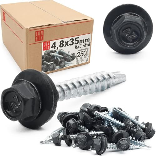 Viti autofilettanti 4,8 x 35 mm per metallo antracite RAL 7016, 250 pezzi viti autoperforanti con rondella acciaio lamiera zincata, autoforanti lamiere grecate e pannelli tetto Lun Fix
