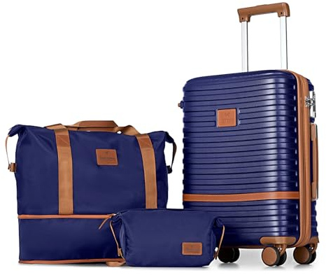 Joyway Koffer Reisekoffer von ABS Hartschalen Erweiterbar Trolley Kofferset mit TSA Schloss und 4 Rollen Der Handgepäck Sets Enthält 1 Reisetasche und 1 Kulturbeutel Marine Blau