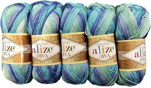 5 x 100 Gramm Ilkadim Export Diva Batik Strickgarn mehrfarbig mit Farbverlauf, 500 Gramm merzerisierte Strickwolle Microfiber-Acryl (mint blau 1767)