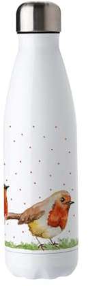 Purely Home English Robins Stainless Steel Water Bottle - British Garden Birds Presents - Double Walled 500ml Metal Hot/Cold Drinks Bottle Outdoor Gifts