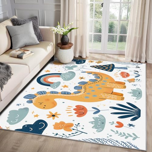 MMYAOKEN Dinosaurier Teppich Wohnzimmer 80x150 Kinder Jungen Cartoon Dino Deko, Teppich Kurzflor, Weich rutschfest Waschbare Teppiche, Fußmatte Bettvorleger Schlafzimmer Kinderzimmer