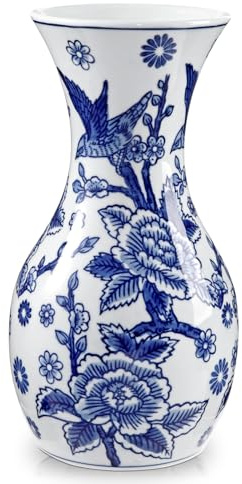 Hollyone Blau und Weiß Blumenvase, 27CM Keramikvase mit Breiter Öffnung und Blumenmuster, Große Retro Chinoiserie Vase Deko, Vintage Vase für Blumen Tisch Centerpiece Wohnzimmer Dekoration