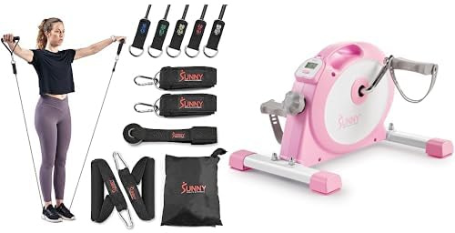 Sunny Health & Fitness Under Desk Smart Mini Pedal Exerciser, Dual Function Exercise Cycle Bike + Premium Resistance Band Set with Door Anchors, Wrist Straps, Handles & Carry Bag