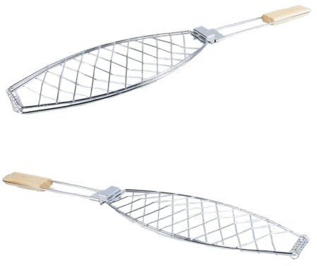Durlo Arrostitore per pesce, supporto per griglia per pesce in acciaio inox con manico in legno, vassoio multifunzionale per barbecue per frutti di mare e verdure
