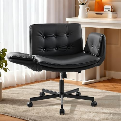 Warmiehomy Criss Cross Chair with Wheels, Vanity Chair with Wide Seat Black | Home Office Chair with Adjustable Armrests. PU Leather Make Up Chair for Bedroom. Swivel Chair for Dressing Table.