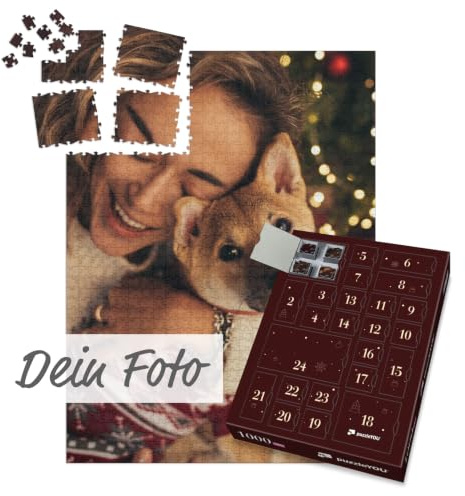 Persönlicher Puzzle Adventskalender mit Türchen - eigenes Bild als Fotopuzzle personalisierbar, 1000 Puzzleteile passend vorsortiert, jeden Tag ein passendes Puzzlesegment - Design Festtagsfreude