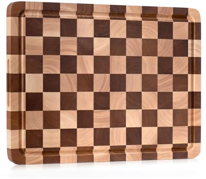 Tagliere in Legno,Taglierea Scacchiera di Hevea, Tagliere da Cucina con Scanalatura e Manici, 41 x 30 x 2,5 cm, per Carne, Verdure e Formaggio