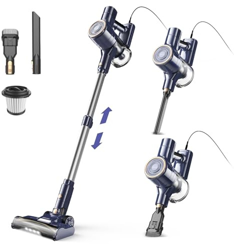 Staubsauger, 6-in-1 Stielstaubsauger & Handstaubsauger mit 6M Kabel, 23Kpa stark Saugkraft, 600W Motor, freistehender Staubsauger Beutellos Vacuum Cleaner für Harte Böden Teppich, klein leicht leiser