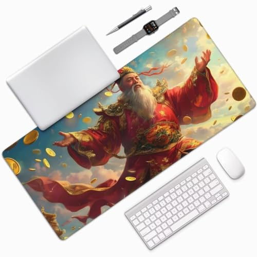 Alfombrilla Ratón XXL Gaming 600x300x3mm,Grande Alfombrilla Ratón Dios De La Riqueza Patrón Mouse Pad Gaming,Tapete Rato Oro Impermeable y Antideslizante Base de Goma para Decoracion Escritorio 0E-108