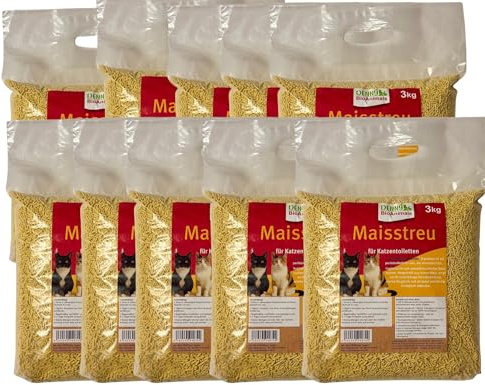 Maisstreu Katzenstreu 30 kg (10 Säcke je 3 kg), 80 L – 100% natürlich & biologisch abbaubar – klumpend, staubfrei & geruchsneutral – nachhaltige Katzenstreu aus Maisfasern. (30 kg)