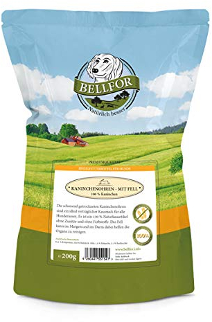 Bellfor Kaninchenohren mit Fell - 200 g. Natürliche Hunde Kauartikel, leicht verdaulich zur Unterstützung der Magen-Darm-Gesundheit. Hundeleckerli zur Vorbeugung von Zahnstein.