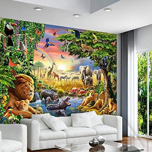 Photo 3D Wall Mural Wallpaper Rainbow Green Woods Parrot Elephant Animal Children Painting 3D Wallpaper Room 350 * 245cm