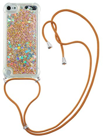 COTDINFOR Handykette Hülle für iPod Touch 7 Flüssigkeit Glitzer Clear Cover Protective Sparkle Floating Bling Silikon Lanyard Handyhüllen für iPod Touch 5/6 / 7 TPU Gold Love YB.