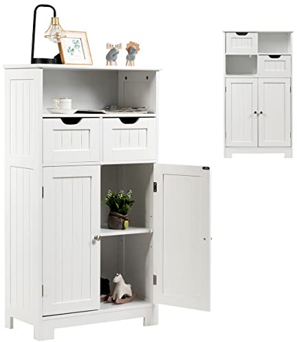 RELAX4LIFE Badezimmerschrank mit höhenverstellbarem Ablage, freistehender Badschrank, Badkommode mit 2 Schubladen & offenem Regalfach & Doppeltür, für Badezimmer & Wohnzimmer & Küche & Flur (Weiß)