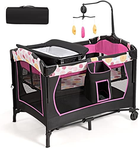 RELAX4LIFE 4 in 1 Lettino da Campeggio con Materasso per Bambini, Culla Neonato con Fasciatoio e Cingia Fissagio, Altezza Regolabile con 3 Livelli, Adatto a Bambini da 0 a 36 Mesi