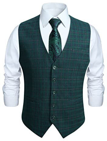 HISDERN Anzugweste für Herren Formale Weste Hochzeits Party Westen Plaid Klassisch Business Anzugwesten Grün L
