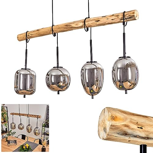 Hängeleuchte Verbania, 4-flammige Hängelampe aus Metall/Holz/Glas in Schwarz/Natur/Rauchfarben, Vintage/Retro Design mit Holzstab u. verstellbaren Schirmen, Höhe max. 151 cm, 4 x E14 max. 40 Watt